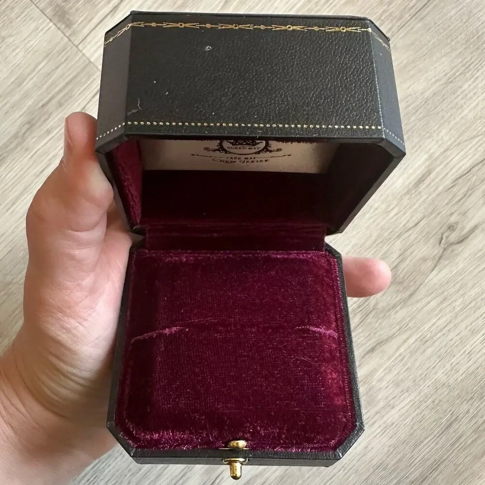 Antique Style Merlot Velvet Lined Gold Button Release Ring Box Queen May Jewelry